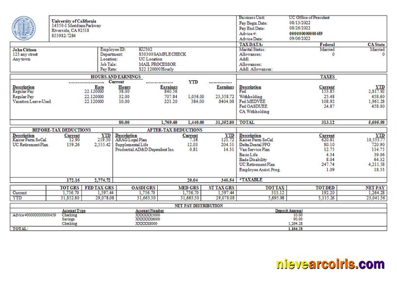 USA University of California educational company pay stub